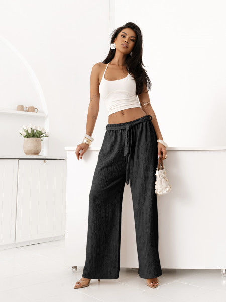 Szerokie spodnie z wiązaniem BREZELLA - czarne