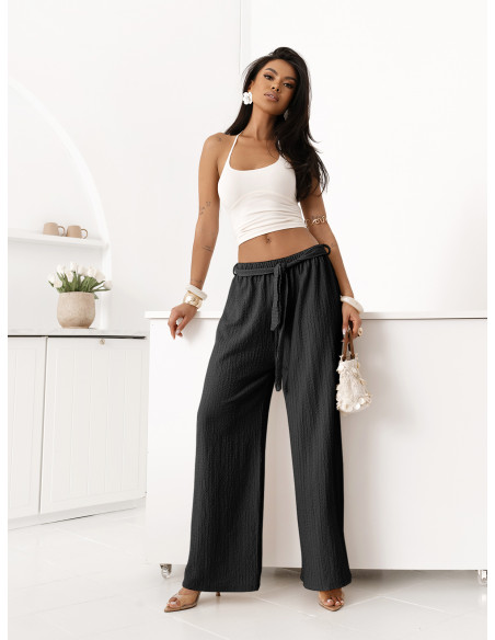 Szerokie spodnie z wiązaniem BREZELLA - czarne