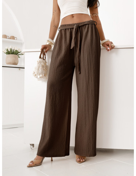 Szerokie spodnie z wiązaniem BREZELLA - czekoladowe