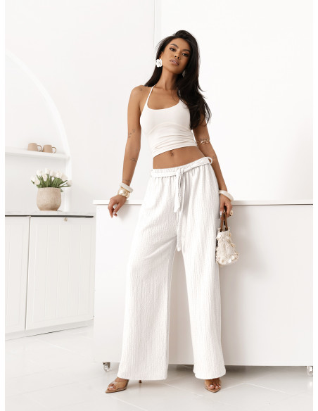 Szerokie spodnie z wiązaniem BREZELLA - białe