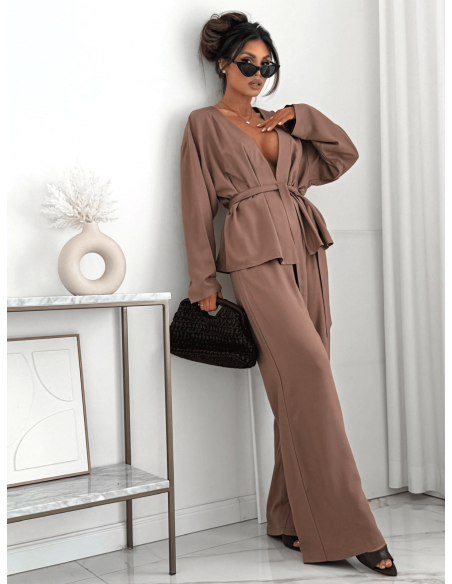 Bawełniany komplet z szerokimi spodniami DALVIRA - cappuccino