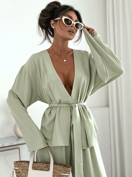 Bawełniany komplet z szerokimi spodniami DALVIRA - szałwiowy