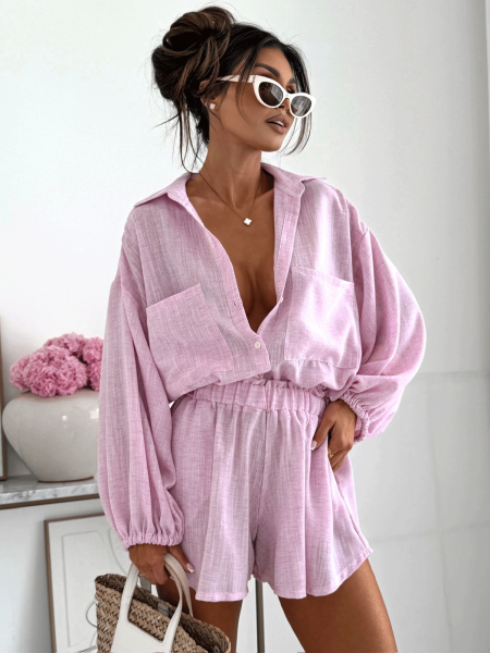 Bawełniany komplet z krótkimi spodenkami CALVINA - pudrowy róż