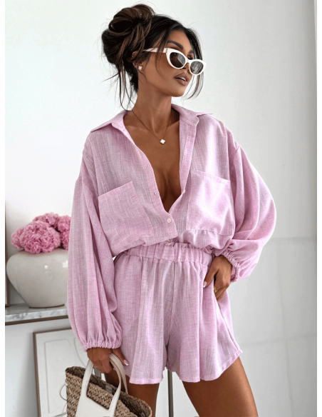 Bawełniany komplet z krótkimi spodenkami CALVINA - pudrowy róż