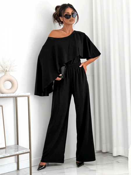 Stylowy bawełniany komplet z szerokimi spodniami MIRALYN - czarny