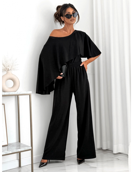 Stylowy bawełniany komplet z szerokimi spodniami MIRALYN - czarny