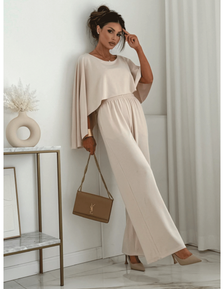 Stylowy bawełniany komplet z szerokimi spodniami MIRALYN - beżowy