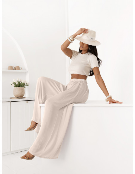Wiskozowe szerokie spodnie NOVELLEA - beżowe