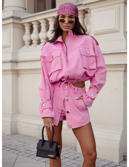 Krótka stylowa kurtka jeansowa SELVINA - różowa