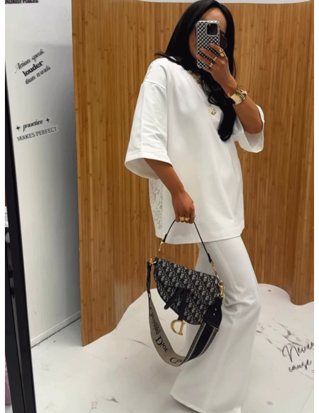 Bawełniany t-shirt z koronkowym tyłem MORVENA - śmietankowy