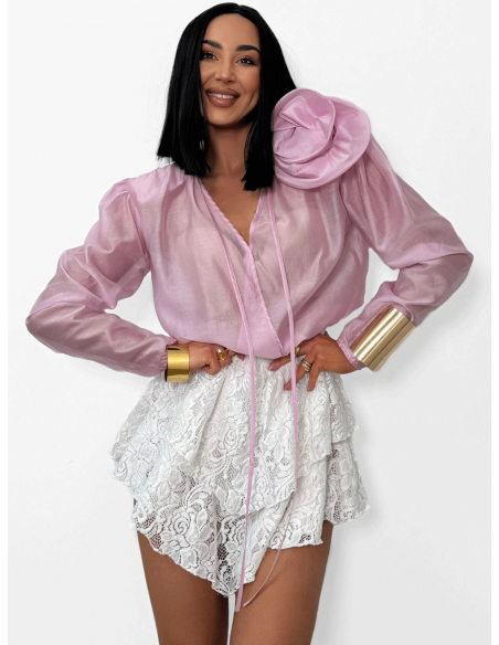 Wiskozowa bluzka koszulowa z kwiatem MAISA - różowa