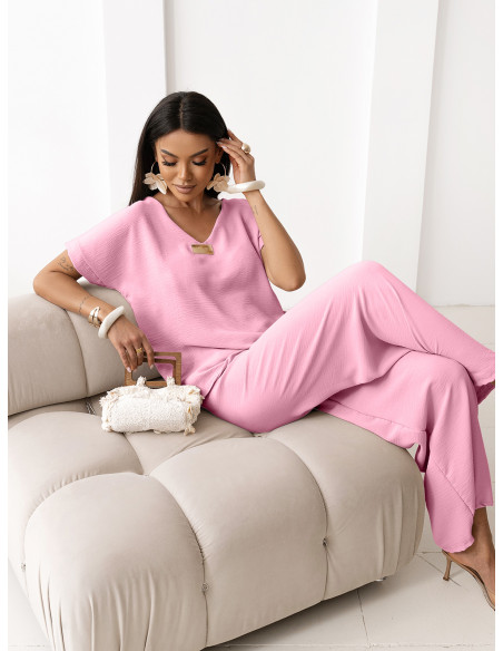 Komplet bluzka z szerokimi spodniami LAVENTA - pudrowy róż