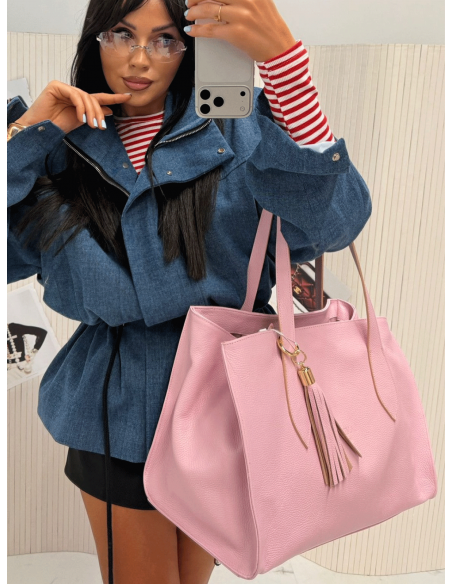 Stylowa skórzana torebka shopperka - pudrowy róż