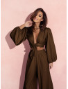 Elegancki komplet z wiązaną bluzką SHARPAY - czekoladowy