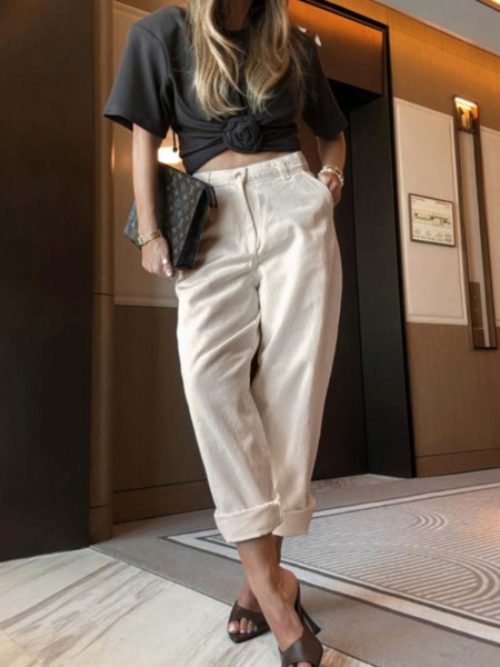Spodnie mom fit z jeansu ORION - beżowe