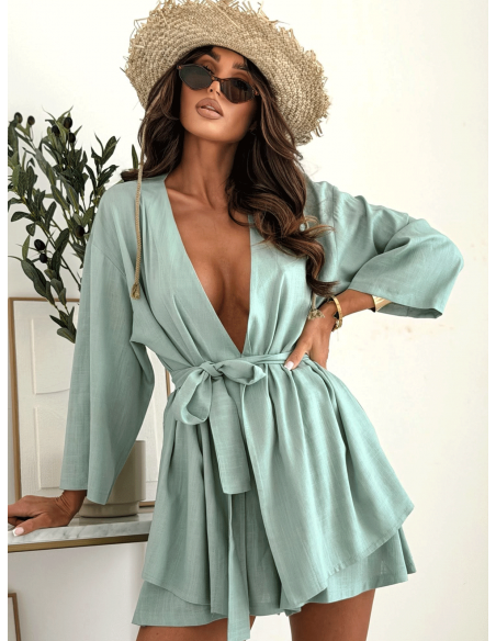 Bawełniany komplet 2w1 kimono i spodenki WYNNE - matcha