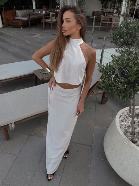 Stylowy lniany komplet 2 w 1 ze spódnicą ARYANA - jasny beż