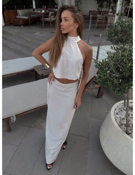 Stylowy lniany komplet 2 w 1 ze spódnicą ARYANA - jasny beż