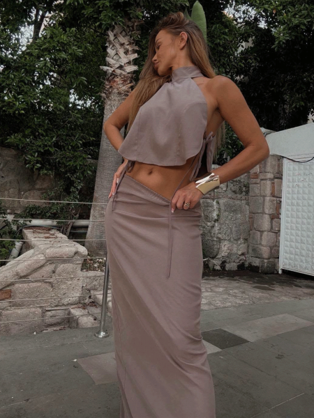 Stylowy lniany komplet 2 w 1 ze spódnicą ARYANA - mocca