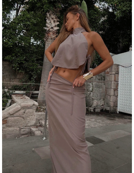 Stylowy lniany komplet 2 w 1 ze spódnicą ARYANA - mocca