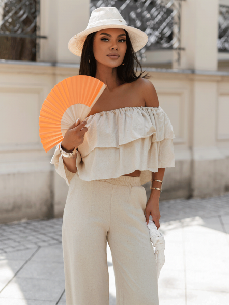 Lniany komplet crop top ze spodniami LETICIA - beżowy