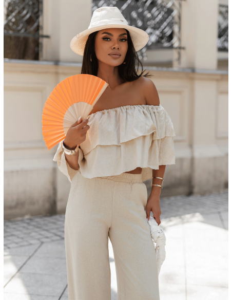 Lniany komplet crop top ze spodniami LETICIA - beżowy