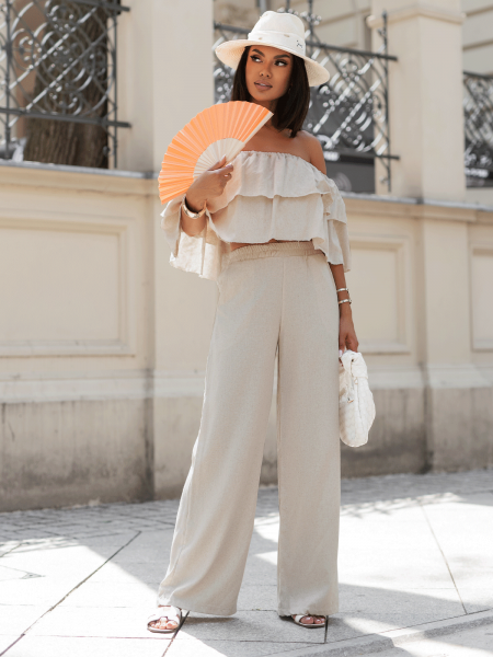 Lniany komplet crop top ze spodniami LETICIA - beżowy 2