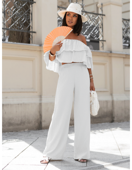 Lniany komplet crop top ze spodniami LETICIA - biały