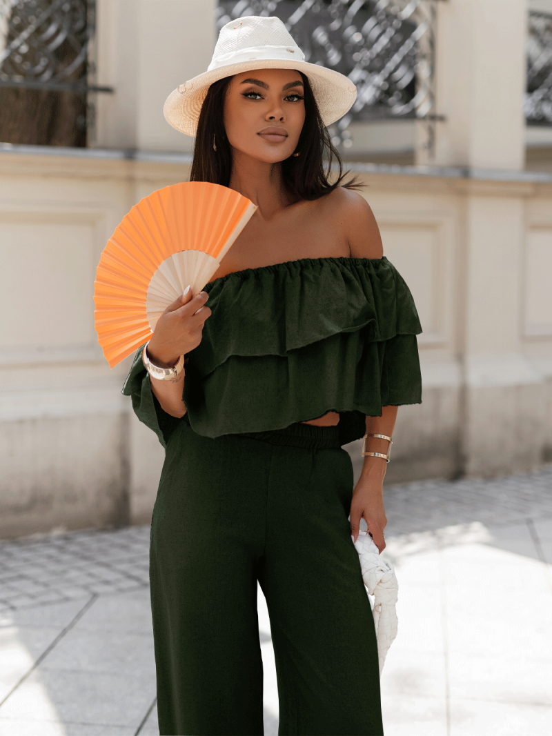 Lniany komplet crop top ze spodniami LETICIA - khaki