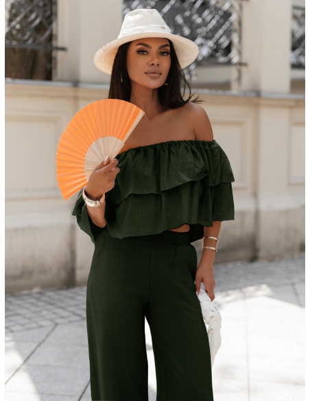 Lniany komplet crop top ze spodniami LETICIA - khaki