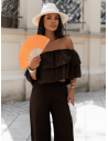 Lniany komplet crop top ze spodniami LETICIA - czekoladowy