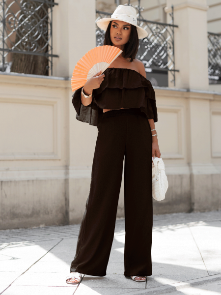 Lniany komplet crop top ze spodniami LETICIA - czekoladowy 2