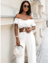 Lniany komplet crop top ze spodniami SHAYNA - biały