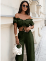 Lniany komplet crop top ze spodniami SHAYNA - khaki