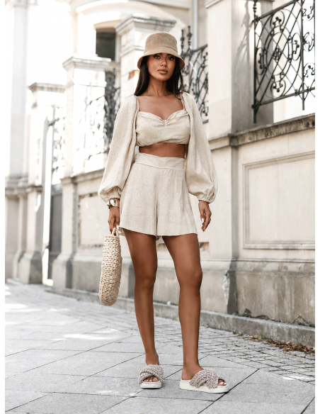 Lniany komplet crop top i spódnico-spodenki BETTY - beżowy