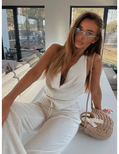 Lniany komplet wiązany crop top i spodnie PARYŻ - beżowy