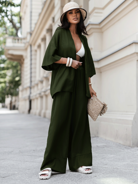 Lniany komplet 2w1 z szerokimi spodniami SHEILA - khaki