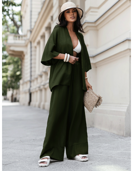 Lniany komplet 2w1 z szerokimi spodniami SHEILA - khaki