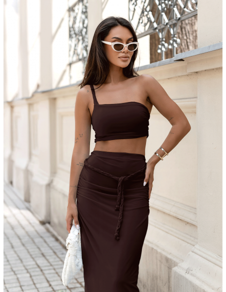 Komplet 2w1 crop top z długą spódnicą ERIA - czekoladowy