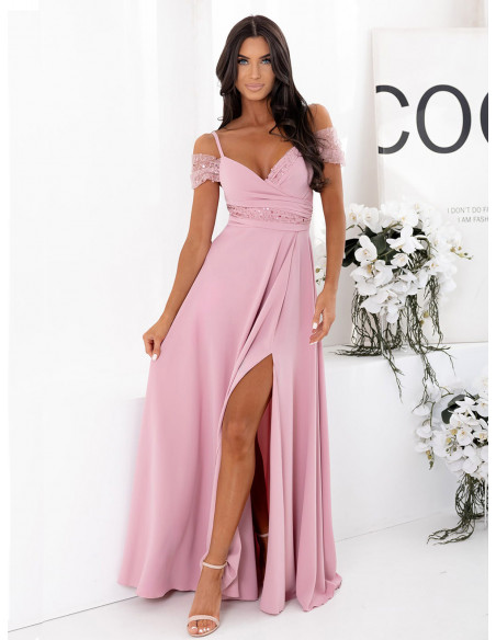 Elegancka sukienka maxi na ramiączkach NUREA - brudny róż