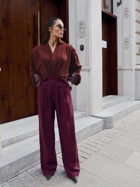Eleganckie szerokie spodnie z kantem SOVEL - bordowe