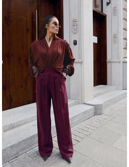 Eleganckie szerokie spodnie z kantem SOVEL - bordowe
