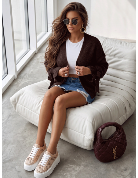 Stylowy pleciony sweter kardigan ARIEL - czekoladowy
