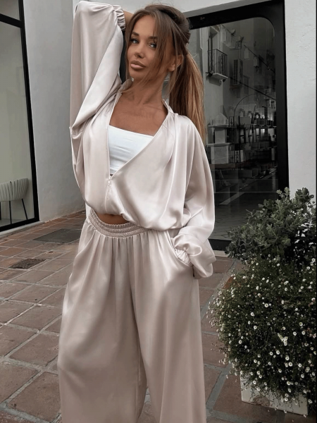 Satynowy komplet bluza z szerokimi spodniami SATIN - beżowy