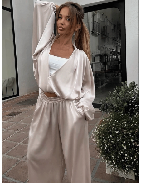 Satynowy komplet bluza z szerokimi spodniami SATIN - beżowy