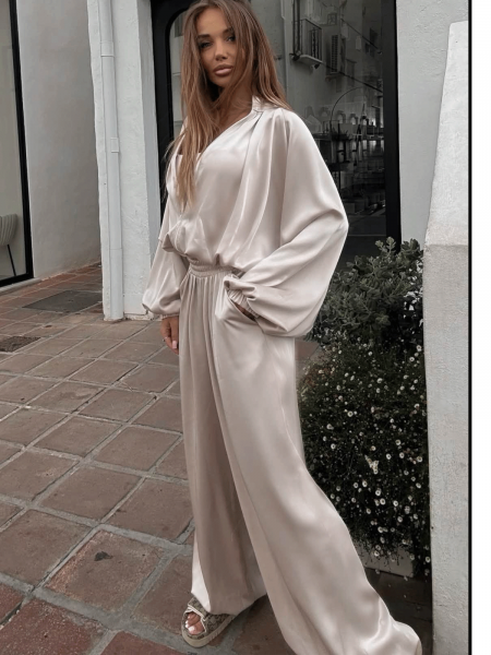 Satynowy komplet bluza z szerokimi spodniami SATIN - beżowy 2
