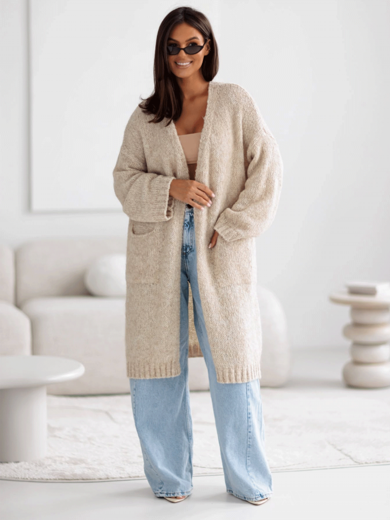 Moherowy sweter kardigan z kieszeniami POOL - beżowy