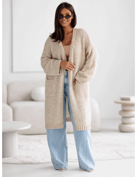 Moherowy sweter kardigan z kieszeniami POOL - beżowy