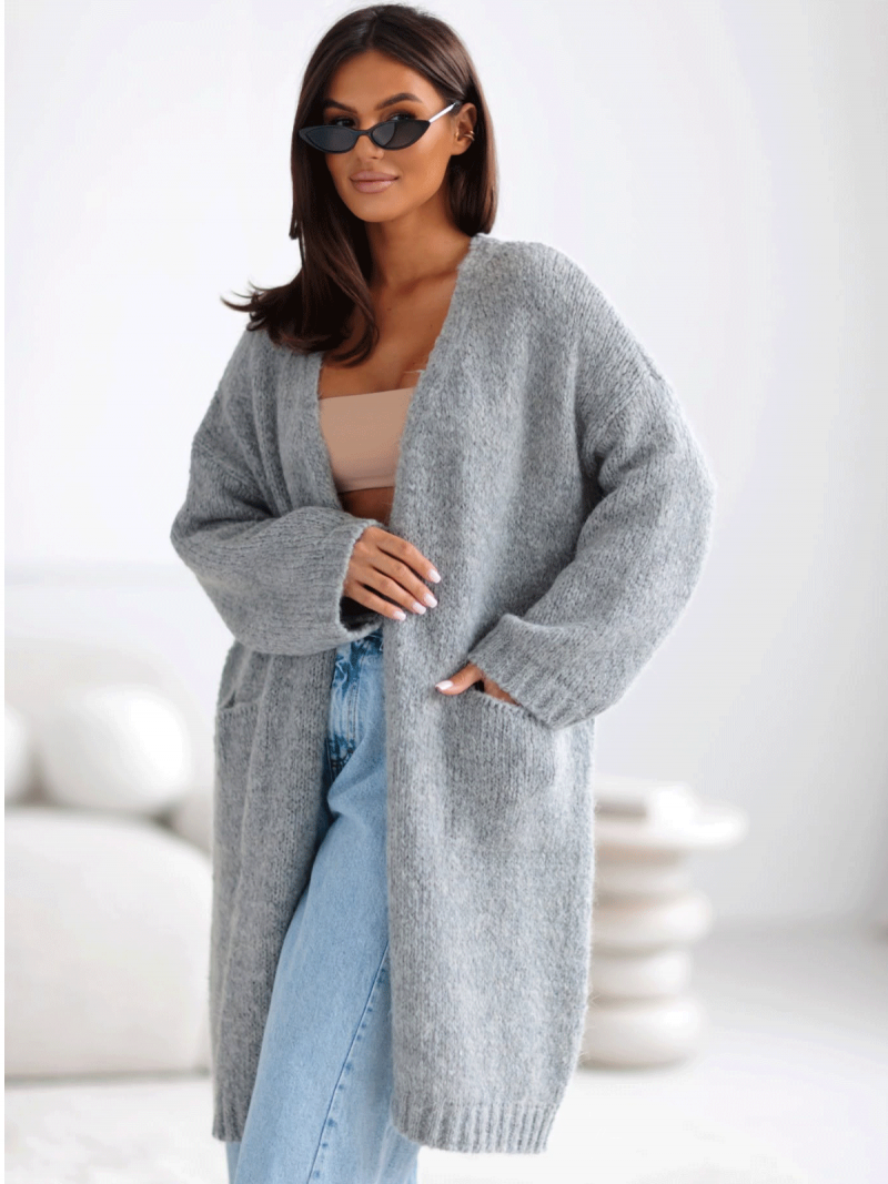 Moherowy sweter kardigan z kieszeniami POOL - szary