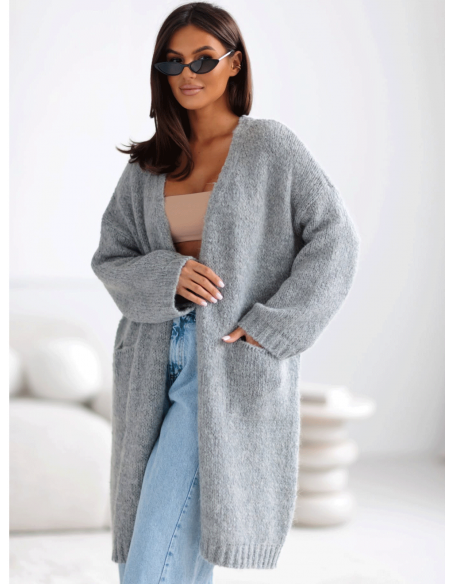 Moherowy sweter kardigan z kieszeniami POOL - szary